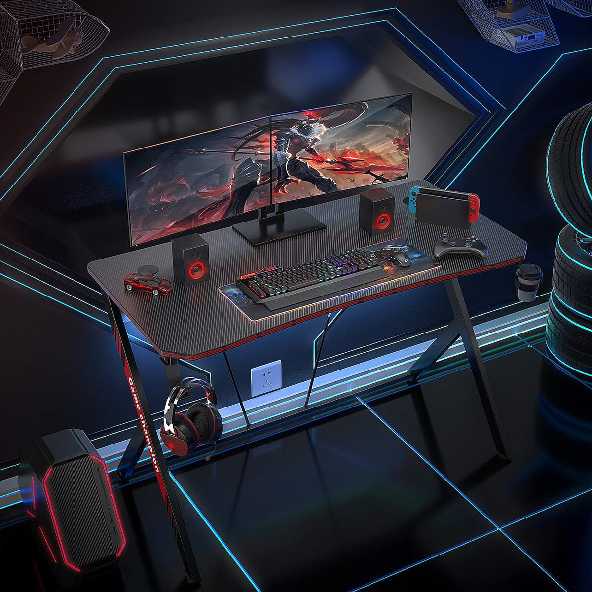 40 Inch Gaming Desk Gaming Computer Desk, PC Computer Desk Gamer Desk Workstation with Cup Holder and Headphone Hook