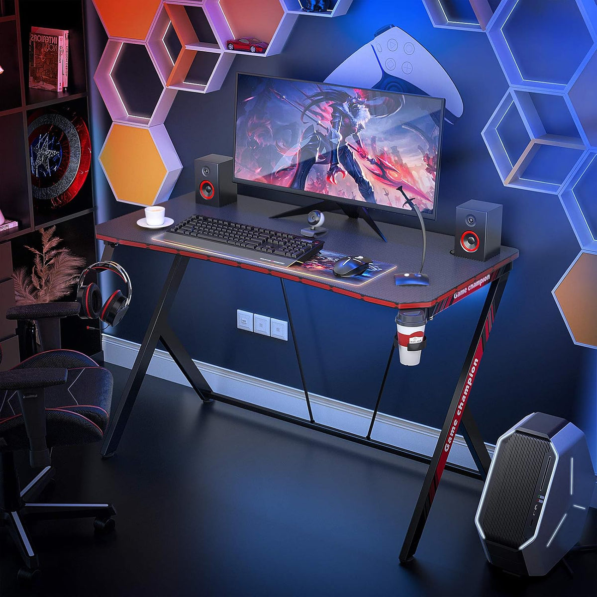 40 Inch Gaming Desk Gaming Computer Desk, PC Computer Desk Gamer Desk Workstation with Cup Holder and Headphone Hook
