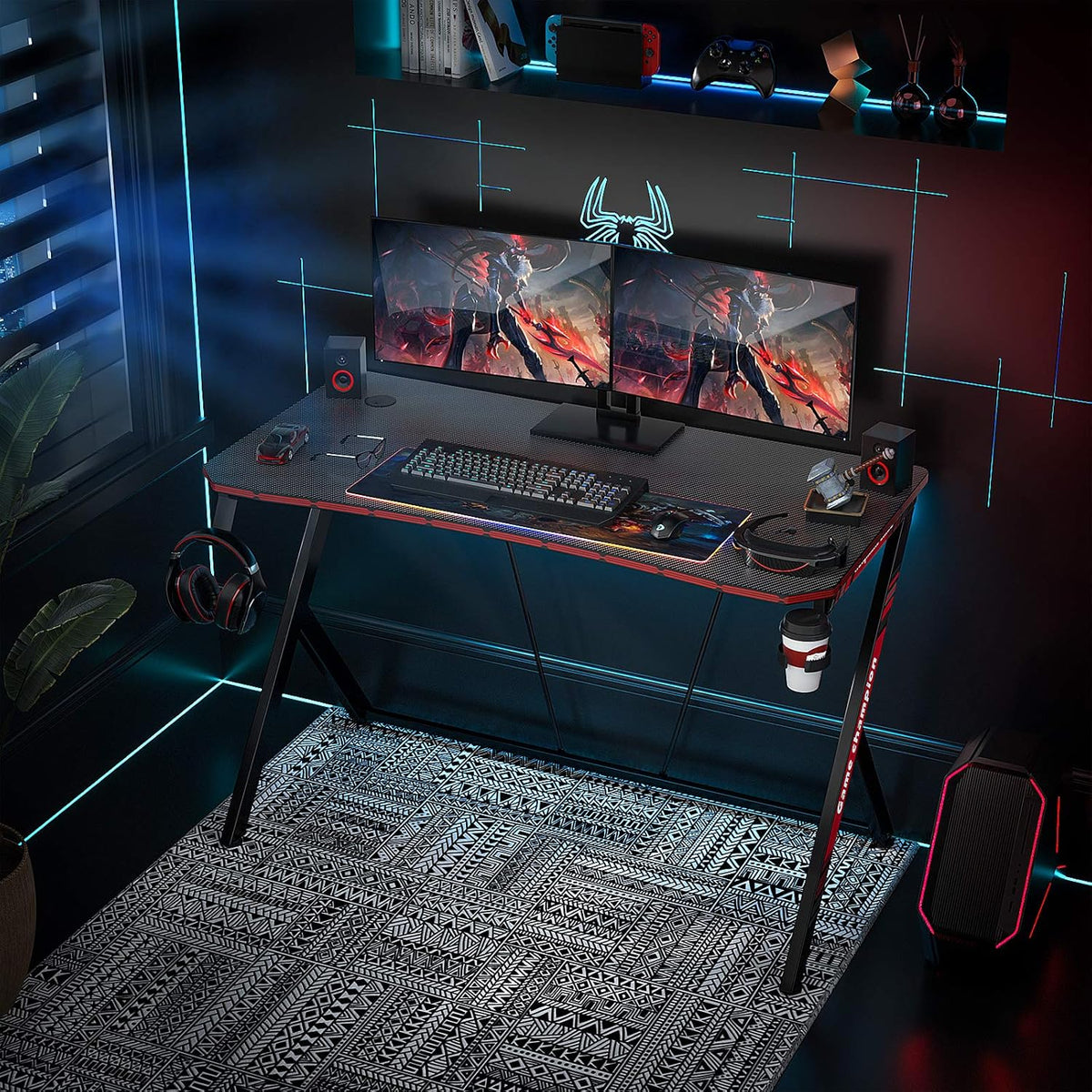 40 Inch Gaming Desk Gaming Computer Desk, PC Computer Desk Gamer Desk Workstation with Cup Holder and Headphone Hook