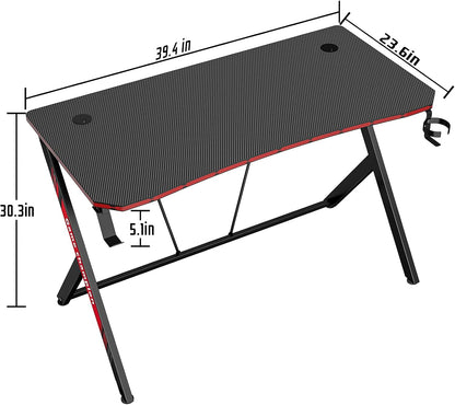 40 Inch Gaming Desk Gaming Computer Desk, PC Computer Desk Gamer Desk Workstation with Cup Holder and Headphone Hook
