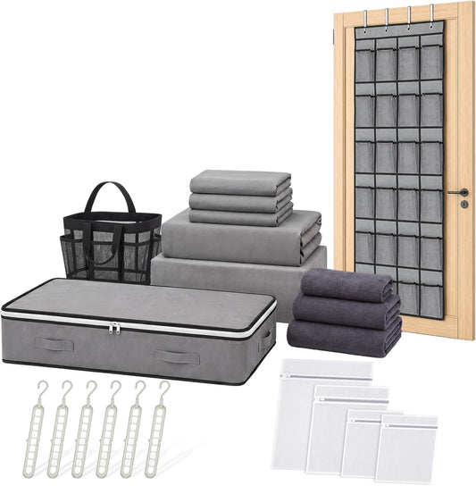 18 Pcs Complete College Dorm Essentials Set XL Twin Comforter Set over the Door Shoe Organizer under Bed Storage Containers Towel Laundry Bags Mesh Shower Caddy College Room Accessories(Gray)