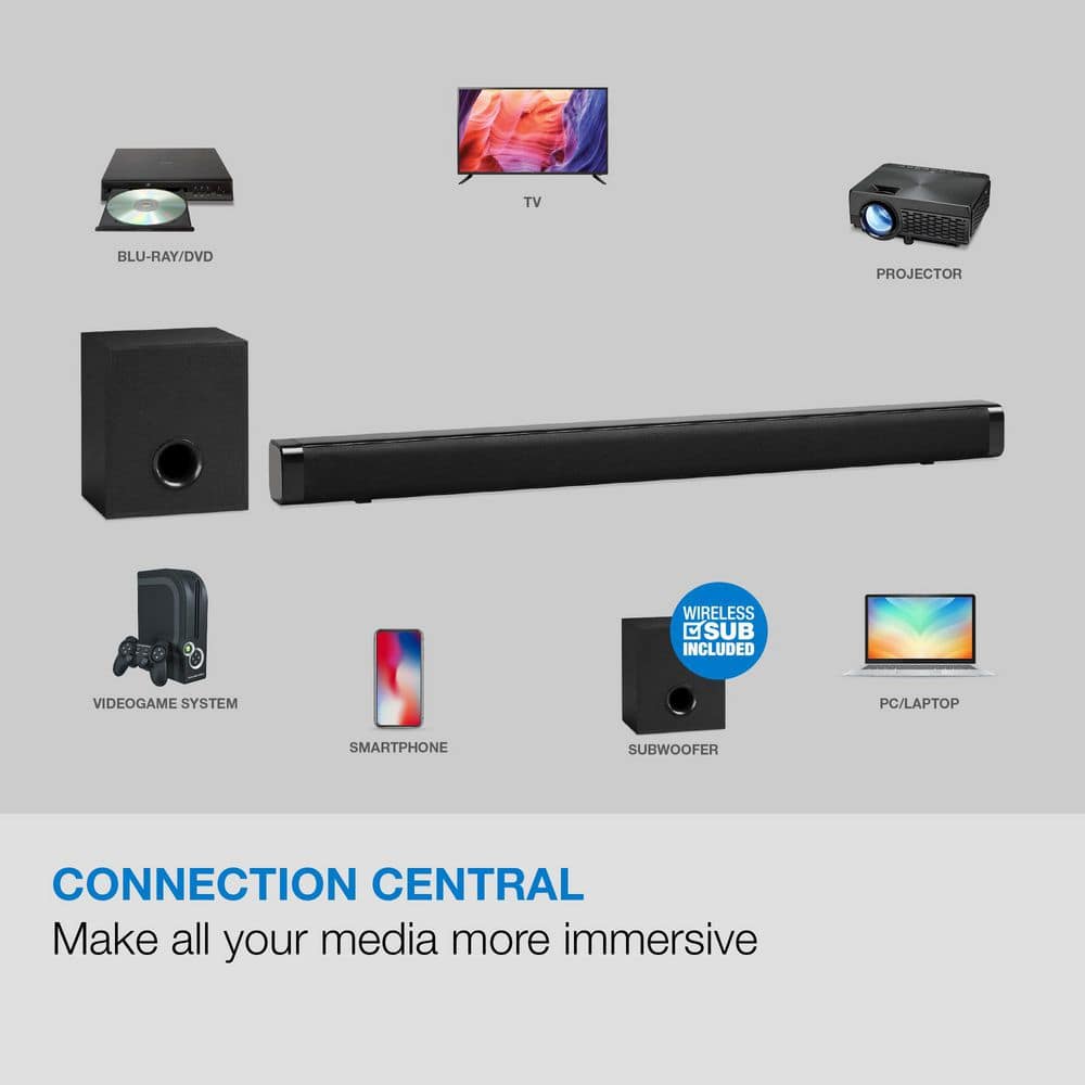 Immerse Yourself in Sound: 32" 2.1-Channel Bluetooth Soundbar with Wireless Subwoofer and Full Function Remote in Sleek Black