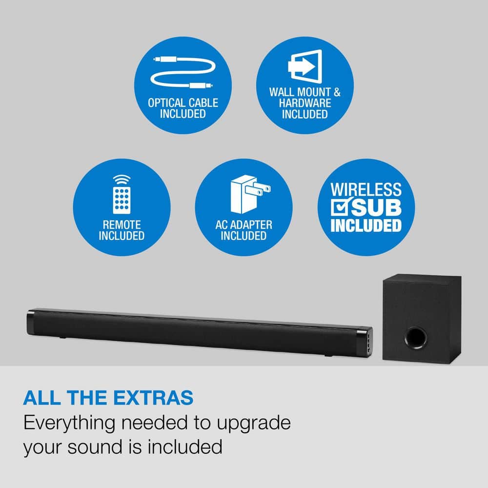 Immerse Yourself in Sound: 32" 2.1-Channel Bluetooth Soundbar with Wireless Subwoofer and Full Function Remote in Sleek Black