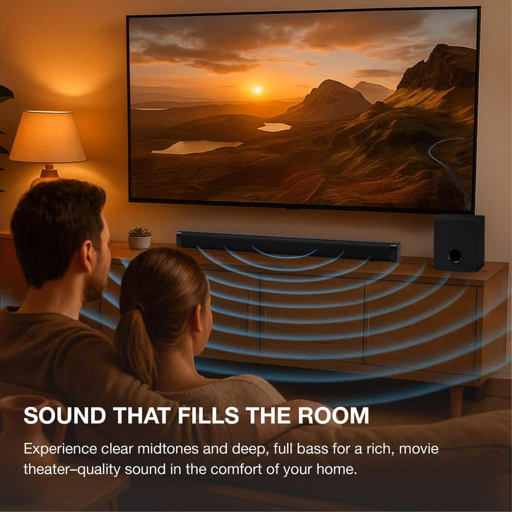 Immerse Yourself in Sound: 32" 2.1-Channel Bluetooth Soundbar with Wireless Subwoofer and Full Function Remote in Sleek Black