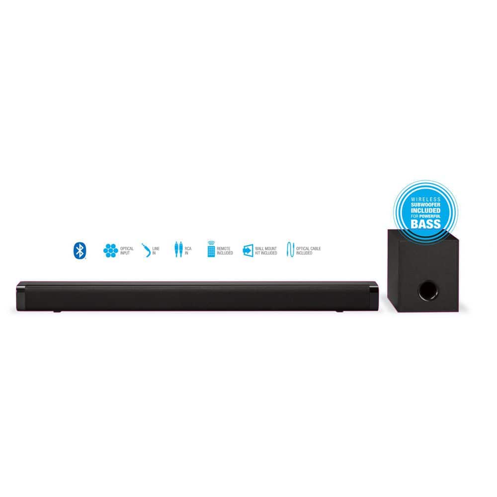 Immerse Yourself in Sound: 32" 2.1-Channel Bluetooth Soundbar with Wireless Subwoofer and Full Function Remote in Sleek Black