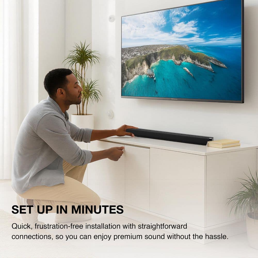 Immerse Yourself in Sound: 32" 2.1-Channel Bluetooth Soundbar with Wireless Subwoofer and Full Function Remote in Sleek Black